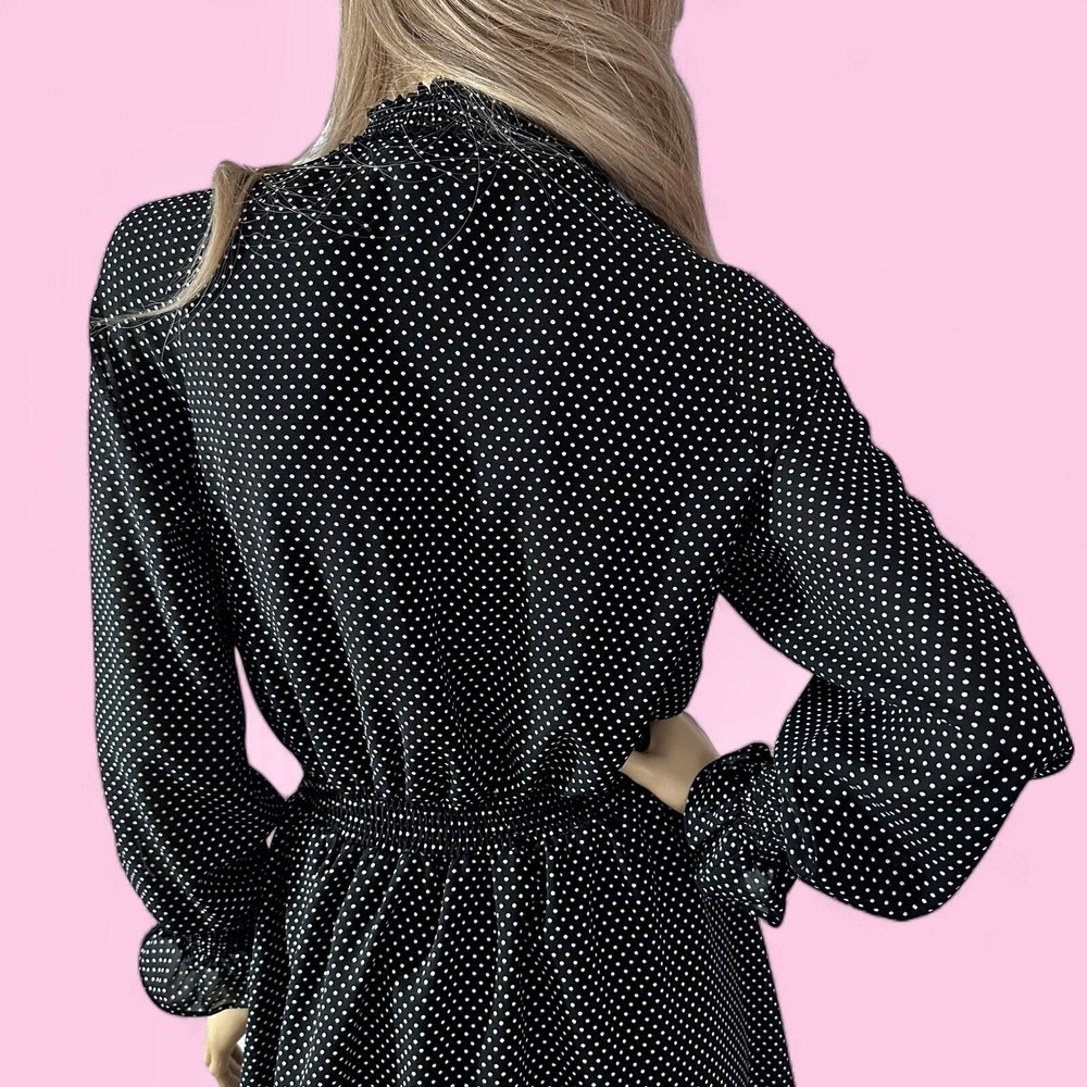 Black Swiss Dot Ruffle Mini Dress Small Sheer Sleeve Coquette Date Night - Picture 7 of 10